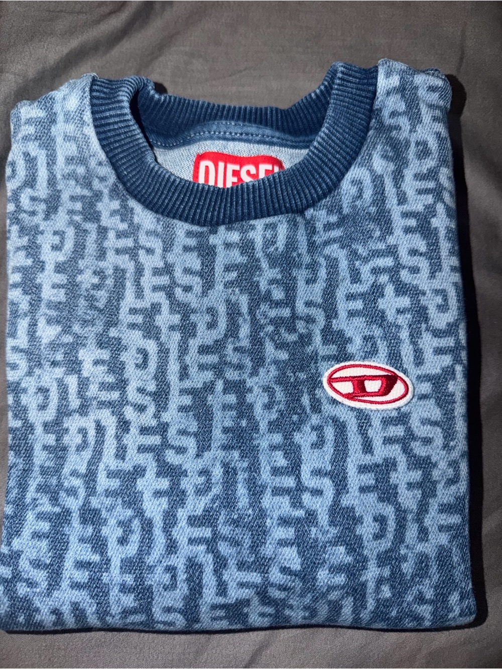Diesel Blue Patterned Crewneck Sweater with Red Logo